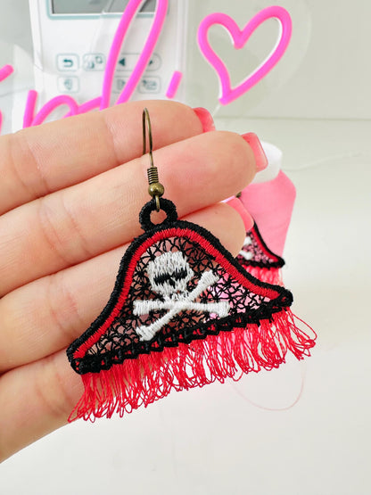 Fringed Pirate earrings FSL freestanding lace machine embroidery designs Corsair Skull crossed bones charm pendant design simply in the hoop - image 3