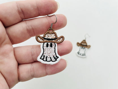 Adorable Ghost Cowboy Hat charm earrings FSL freestanding lace machine embroidery designs kids girls Halloween earrings simply in the hoop - image 5