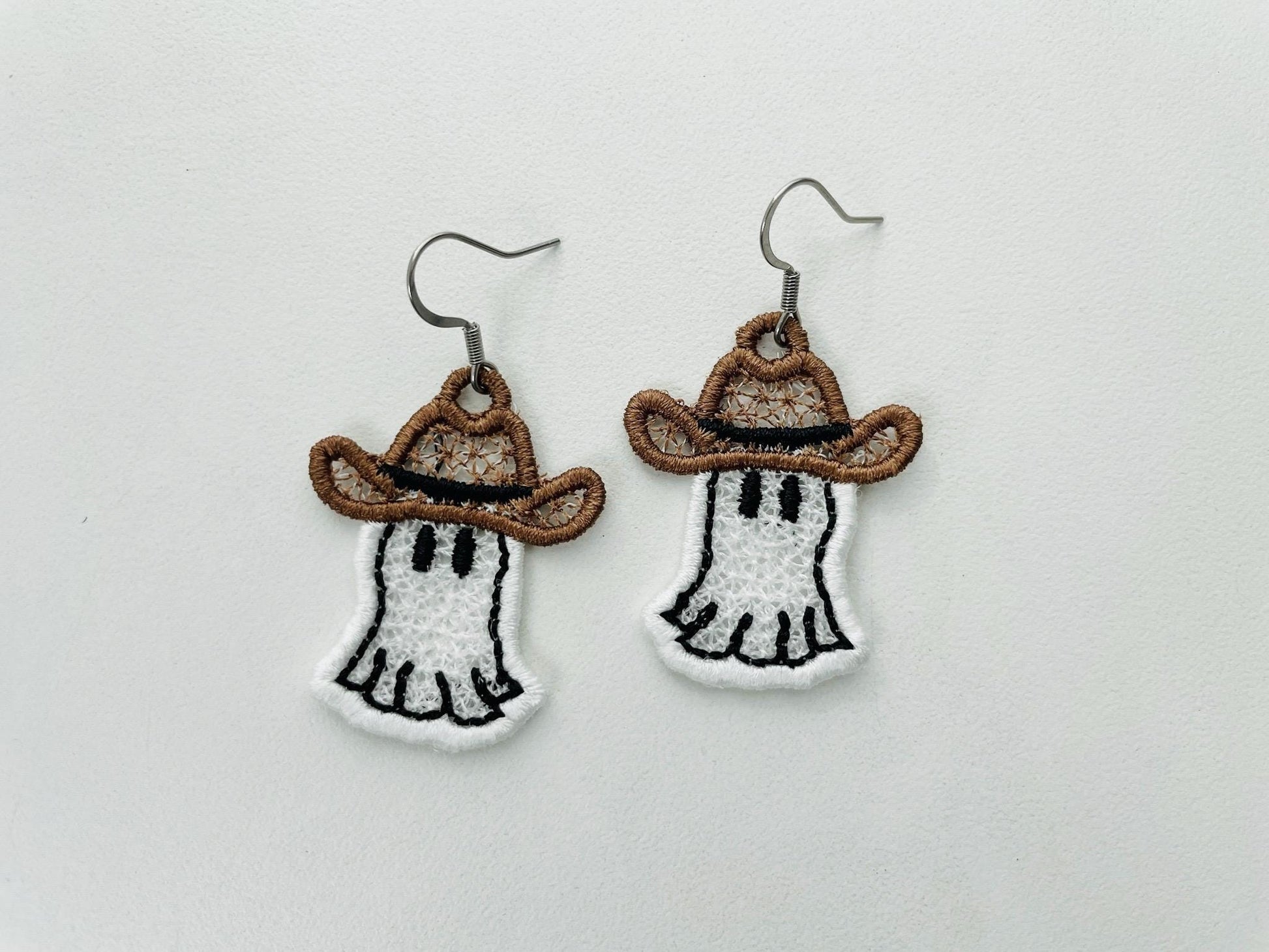 Adorable Ghost Cowboy Hat charm earrings FSL freestanding lace machine embroidery designs kids girls Halloween earrings simply in the hoop - image 8
