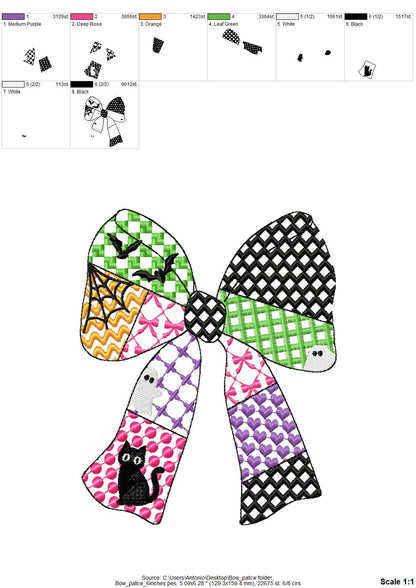 Halloween Bow patchwork patterned Heirloom Bow Bats Black Cat machine embroidery designs sizes 4 up to 8.5 inch girls scary spooky design - image 9