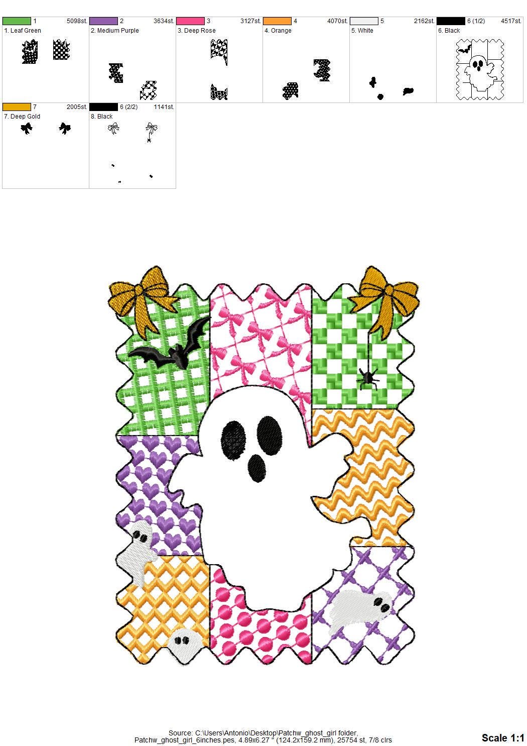 Halloween Ghost Girl patchwork patterned cute Ghost kids baby girls machine embroidery designs sizes 4 up to 8 inch scary spooky design - image 8