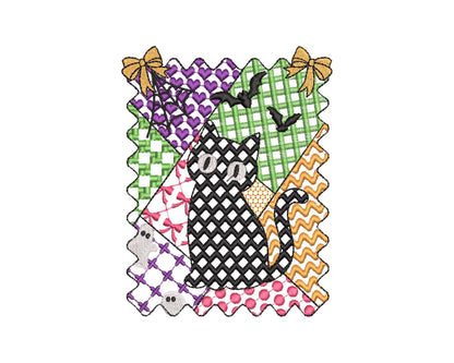 Halloween Kitten Cat Girl patchwork patterned cute Kitty kids baby girls machine embroidery designs sizes 4 up to 7 inch scary spooky design - image 1