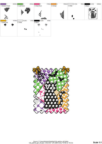 Halloween Kitten Cat Girl patchwork patterned cute Kitty kids baby girls machine embroidery designs sizes 4 up to 7 inch scary spooky design - image 3