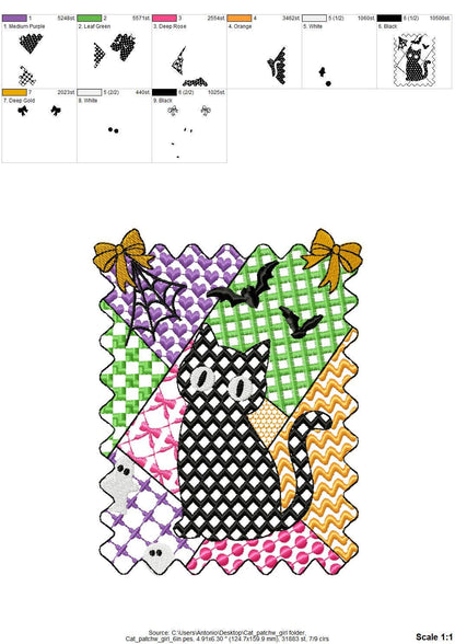 Halloween Kitten Cat Girl patchwork patterned cute Kitty kids baby girls machine embroidery designs sizes 4 up to 7 inch scary spooky design - image 4