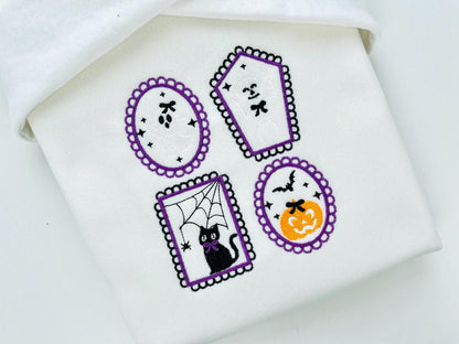 Halloween Dancing Skeleton Kitty Cat Little Ghost and Pumpkin Set of 4 machine embroidery designs mini sizes 2 up to 4 in kids scary spooky - image 1