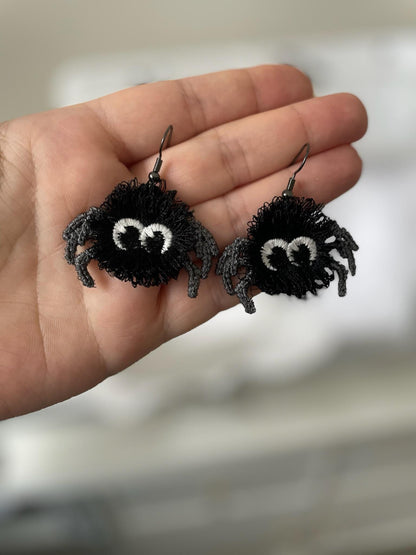 Fringed extra fluffy Spooky Spider earrings in the hoop ITH Halloween girls scare charm FSL freestanding lace machine embroidery designs - image 1