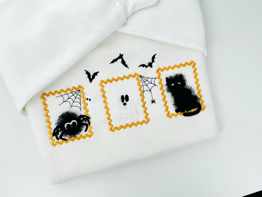 Halloween Fringed Kitty Cat Fluffy Spider and Ghost in Frame Big Set of 5 machine embroidery designs assorted sizes kids baby scary spooky - image 1
