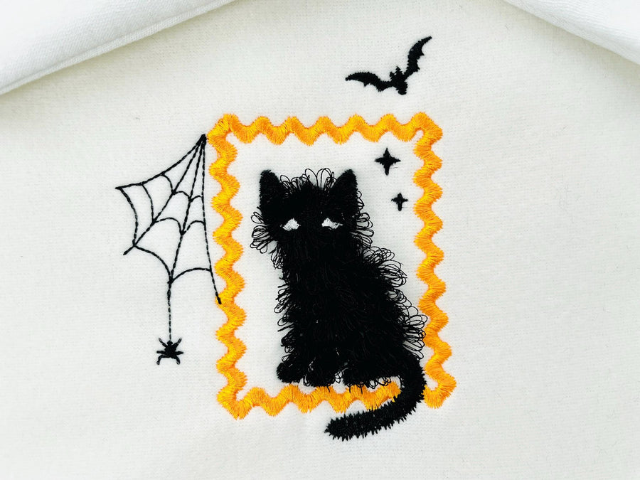 Halloween Kitty Cat with Spider Web and Bat in Frame machine embroidery designs sizes 4 up to 5.5 inch kids baby girls scary spooky Kitten - image 1
