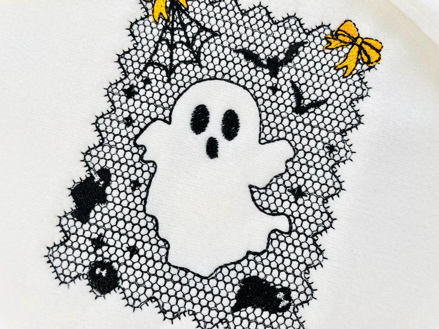 Halloween Ghost Lace effect Bats Spider Web Bow Cute Ghost machine embroidery designs sizes 4 up to 7 inch kids girls scary spooky design - image 1