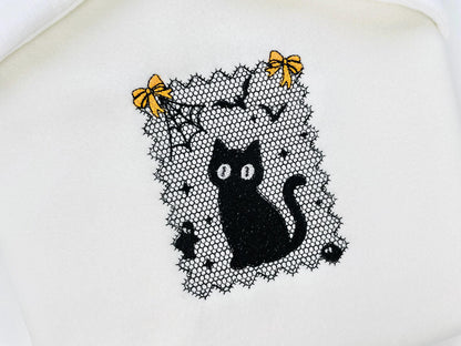 Halloween Kitty Cat Lace effect Black Kitten Spider Web Bats Ghost machine embroidery designs sizes 4 up to 6 inch girls scary spooky design - image 5