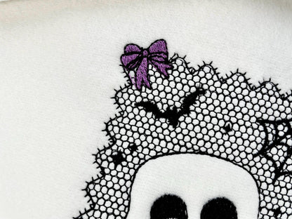 Halloween Skull Lace effect Bats Ghost Spider Web Bow machine embroidery designs sizes 4 up to 7 inch kids girls scary spooky design - image 2