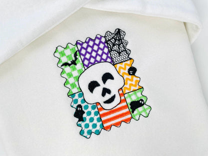 Halloween Skull patchwork patterned Skull Bat Ghost Spider Web machine embroidery designs sizes 4 up to 7 inch scary spooky design - image 1