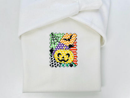 Halloween Pumpkin patchwork patterned Jack-o-Lantern machine embroidery designs sizes 4 up to 7 inch scary spooky design Bats and Spider Web - image 5