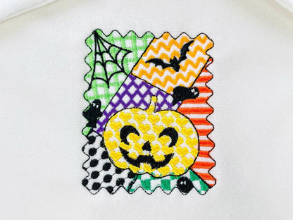 Halloween Pumpkin patchwork patterned Jack-o-Lantern machine embroidery designs sizes 4 up to 7 inch scary spooky design Bats and Spider Web - image 1