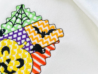 Halloween Pumpkin patchwork patterned Jack-o-Lantern machine embroidery designs sizes 4 up to 7 inch scary spooky design Bats and Spider Web - image 4
