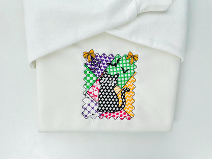 Halloween Kitten Cat Girl patchwork patterned cute Kitty kids baby girls machine embroidery designs sizes 4 up to 7 inch scary spooky design - image 9