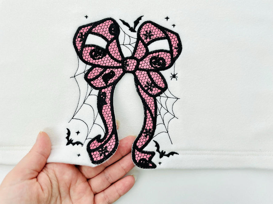 Halloween Spooky Lace Bow split side seam cutout Bow Applique and lace effect machine embroidery designs  girls t-shirt sweatshirt design - image 1
