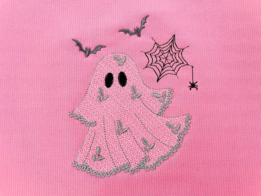 Halloween Ghost awesome lace effect dress machine embroidery designs for hoop 4x4 and 5x7 kids baby girls scary spooky Bat Spider Web design - image 1