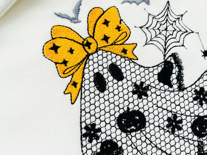 Cute Little Ghost with Bow lace effect dress Halloween machine embroidery designs for hoop 4x4 and 5x7 kids scary spooky design baby girls - image 4