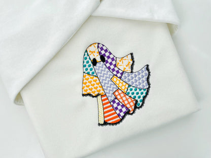 Halloween Ghost patchwork patterned dress lace edge machine embroidery designs sizes 4 up to 5.5 inch kids baby girls scary spooky design - image 1