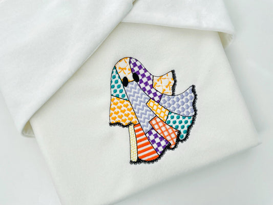 Halloween Ghost patchwork patterned dress lace edge machine embroidery designs sizes 4 up to 5.5 inch kids baby girls scary spooky design - image 2