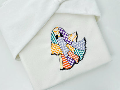 Halloween Ghost patchwork patterned dress lace edge machine embroidery designs sizes 4 up to 5.5 inch kids baby girls scary spooky design - image 5