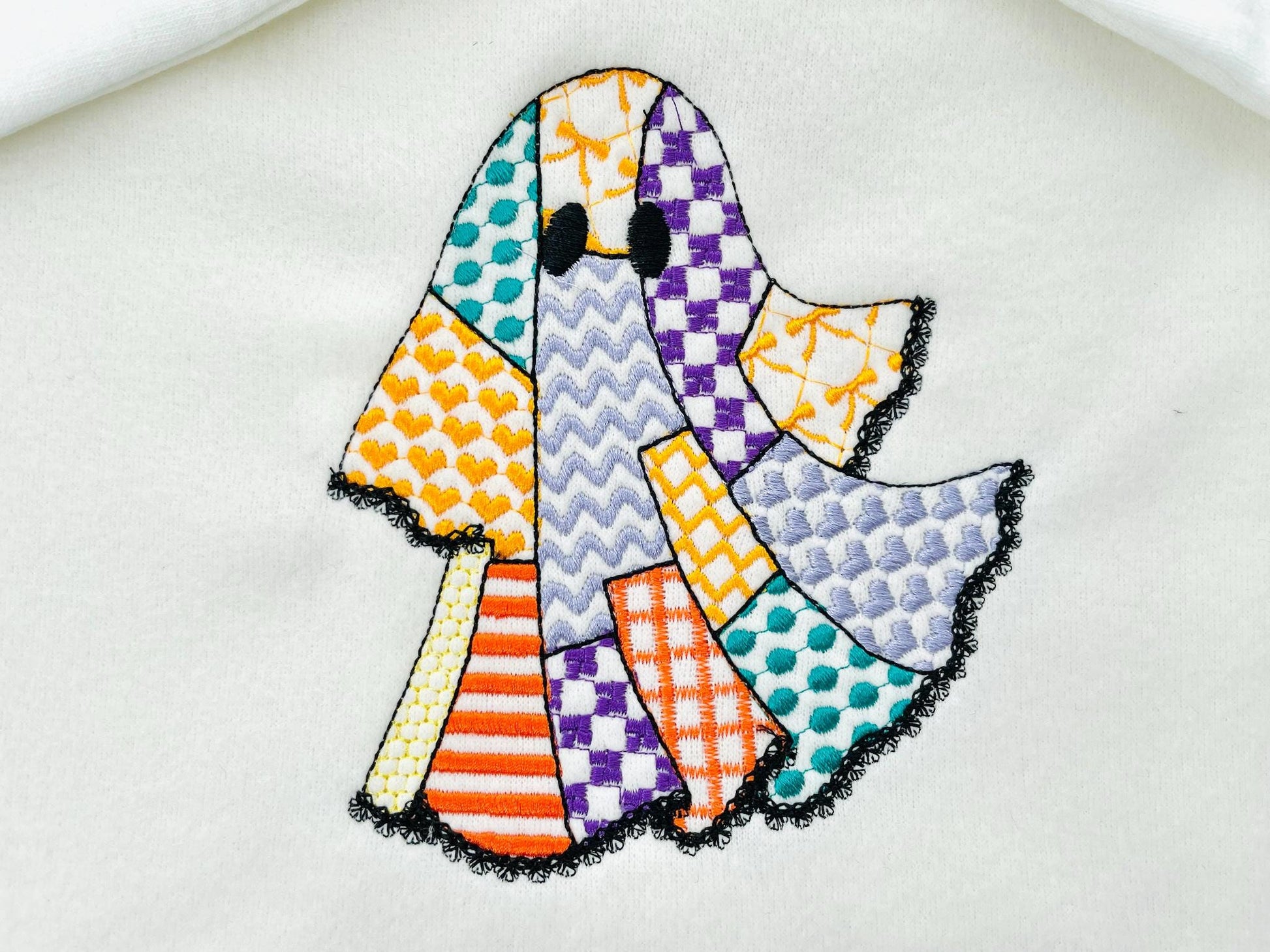 Halloween Ghost patchwork patterned dress lace edge machine embroidery designs sizes 4 up to 5.5 inch kids baby girls scary spooky design - image 6