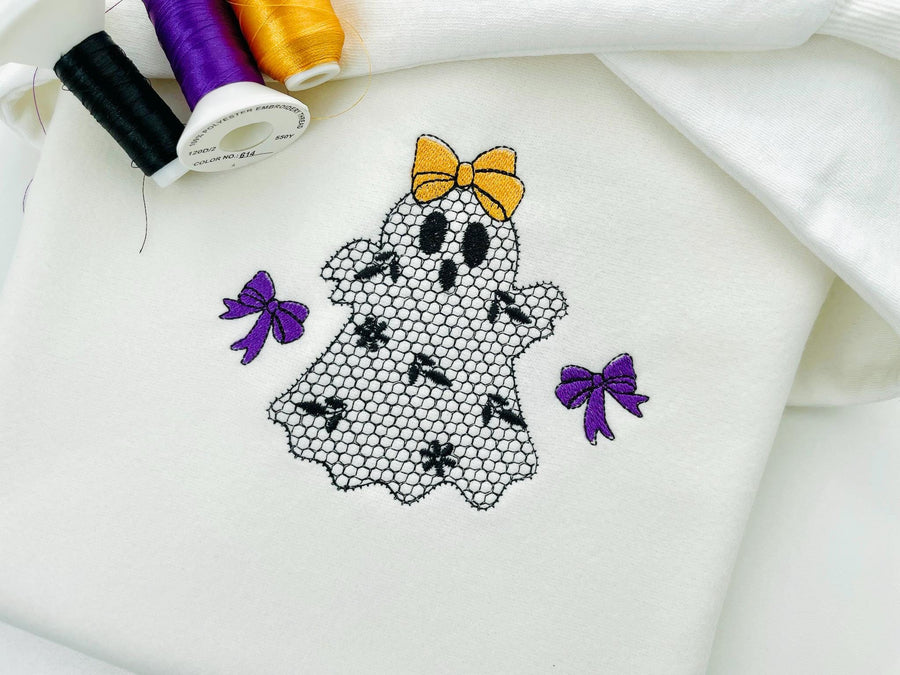 Cute Little Ghost with Bow lace effect dress Halloween machine embroidery designs for hoop 4x4 and 5x7 kids baby girls scary spooky design - image 1