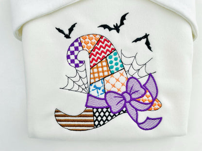 Patchwork Witch Hat Halloween theme awesome patterned Witch Hat outline girls machine embroidery designs sizes 4 up to 8 inch light stitch - image 1