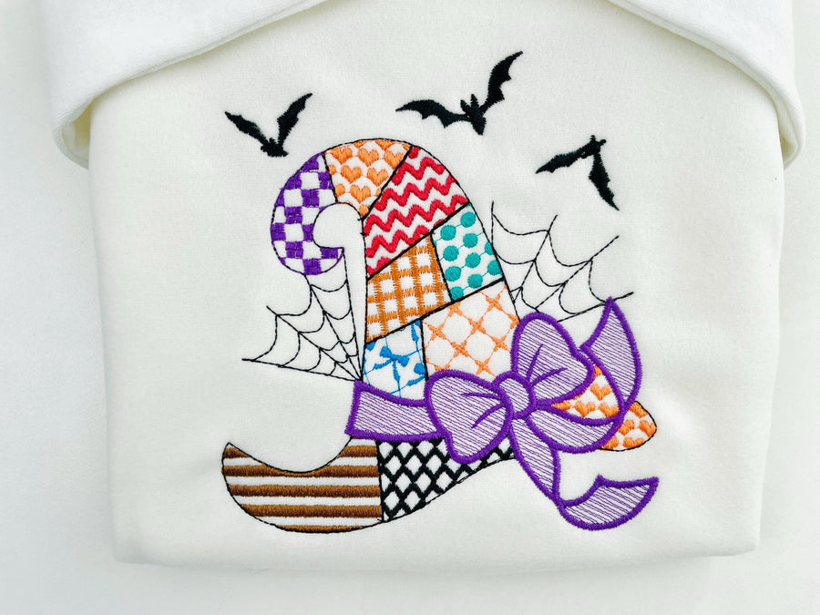 Patchwork Witch Hat Halloween theme awesome patterned Witch Hat outline girls machine embroidery designs sizes 4 up to 8 inch light stitch - image 1