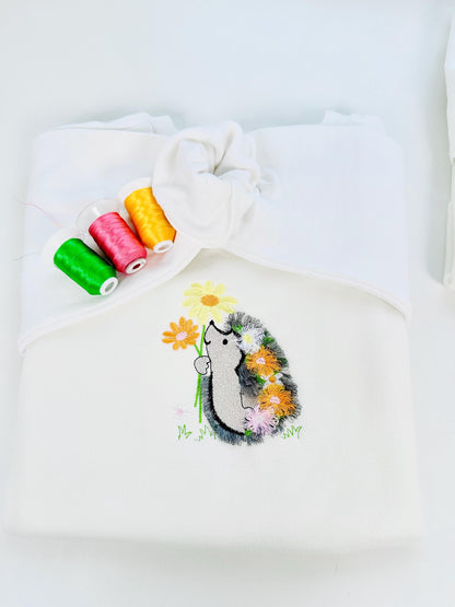 Cute Fringed Fluffy Hedgehog With Flower Stem Floral Fringe Machine Embroidery Designs Kids Girls T-shirt Fuzzy Design