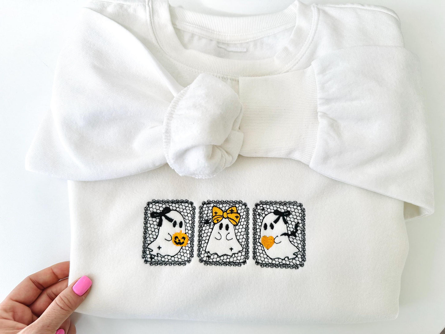 Halloween Cute Little Ghost Trio Lace effect machine embroidery designs sizes 5 up to 7 inch kids girls boys scary spooky design lace frame (view 3)