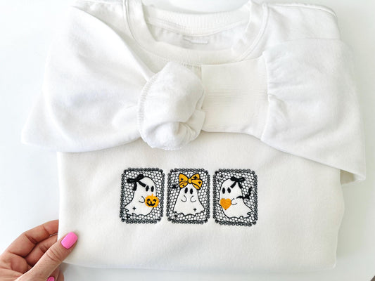 Halloween Cute Little Ghost Trio Lace effect machine embroidery designs sizes 5 up to 7 inch kids girls boys scary spooky design lace frame (view 3)