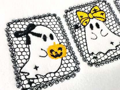 Halloween Cute Little Ghost Trio Lace effect machine embroidery designs sizes 5 up to 7 inch kids girls boys scary spooky design lace frame (view 2)