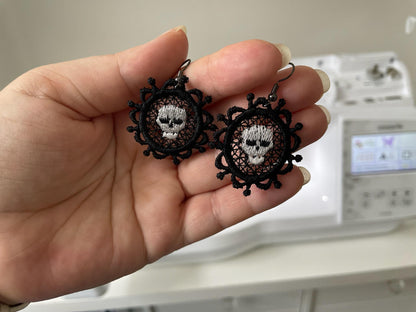 Halloween Skull Cameo Vintage style charm earrings FSL freestanding lace machine embroidery designs girls earrings design simply in the hoop - image 5