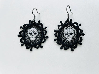 Halloween Skull Cameo Vintage style charm earrings FSL freestanding lace machine embroidery designs girls earrings design simply in the hoop - image 2