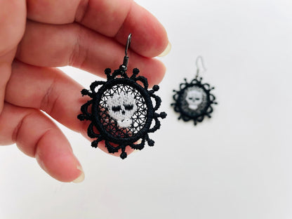 Halloween Skull Cameo Vintage style charm earrings FSL freestanding lace machine embroidery designs girls earrings design simply in the hoop - image 6