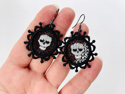 Halloween Skull Cameo Vintage style charm earrings FSL freestanding lace machine embroidery designs girls earrings design simply in the hoop - image 1