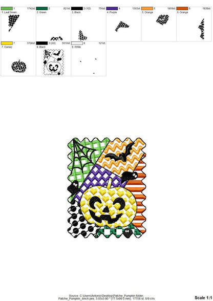 Halloween Pumpkin patchwork patterned Jack-o-Lantern machine embroidery designs sizes 4 up to 7 inch scary spooky design Bats and Spider Web - image 8