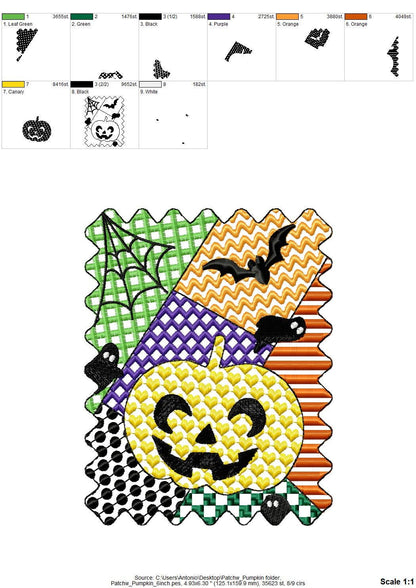 Halloween Pumpkin patchwork patterned Jack-o-Lantern machine embroidery designs sizes 4 up to 7 inch scary spooky design Bats and Spider Web - image 9