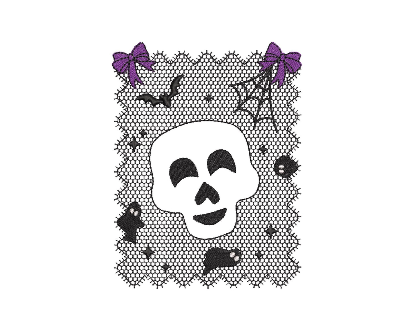 Halloween Skull Lace effect Bats Ghost Spider Web Bow machine embroidery designs sizes 4 up to 7 inch kids girls scary spooky design - image 6
