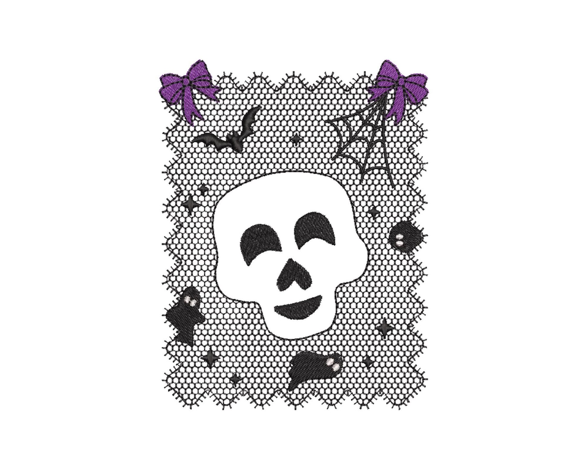 Halloween Skull Lace effect Bats Ghost Spider Web Bow machine embroidery designs sizes 4 up to 7 inch kids girls scary spooky design - image 6
