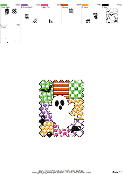 Halloween Ghost Boy patchwork patterned cute Ghost kids boys machine embroidery designs sizes 4 up to 7 inch scary spooky design - image 3