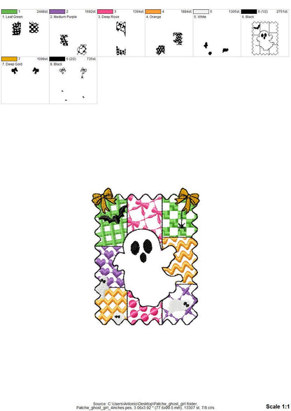 Halloween Ghost Girl patchwork patterned cute Ghost kids baby girls machine embroidery designs sizes 4 up to 8 inch scary spooky design - image 7