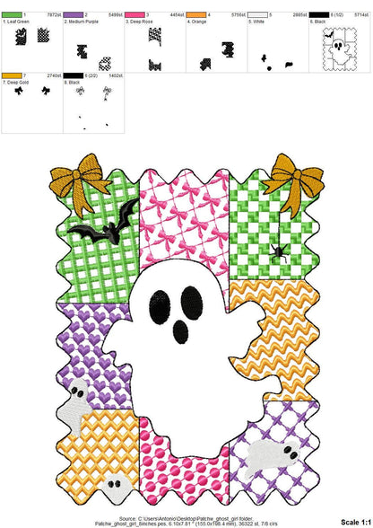 Halloween Ghost Girl patchwork patterned cute Ghost kids baby girls machine embroidery designs sizes 4 up to 8 inch scary spooky design - image 9