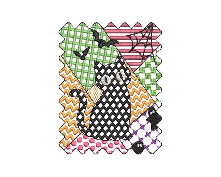 Halloween Kitten Cat Boy patchwork patterned cute Kitty kids baby boys machine embroidery designs sizes 4 up to 7 inch scary spooky design - image 1
