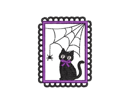 Halloween Kitty Cat with Spider Web in Frame machine embroidery designs mini sizes 2 up to 4 inch kids baby girls scary spooky Kitten design - image 1