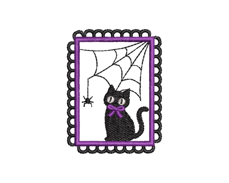 Halloween Kitty Cat with Spider Web in Frame machine embroidery designs mini sizes 2 up to 4 inch kids baby girls scary spooky Kitten design - image 1