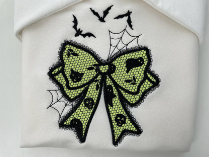 Halloween Bow Applique Lace effect Bats Spider Web Bow Ghost machine embroidery designs sizes 4 up to 8 inch kids girls scary spooky design - image 1