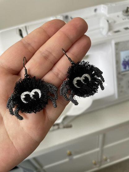 Fringed extra fluffy Spooky Spider earrings in the hoop ITH Halloween girls scare charm FSL freestanding lace machine embroidery designs - image 3
